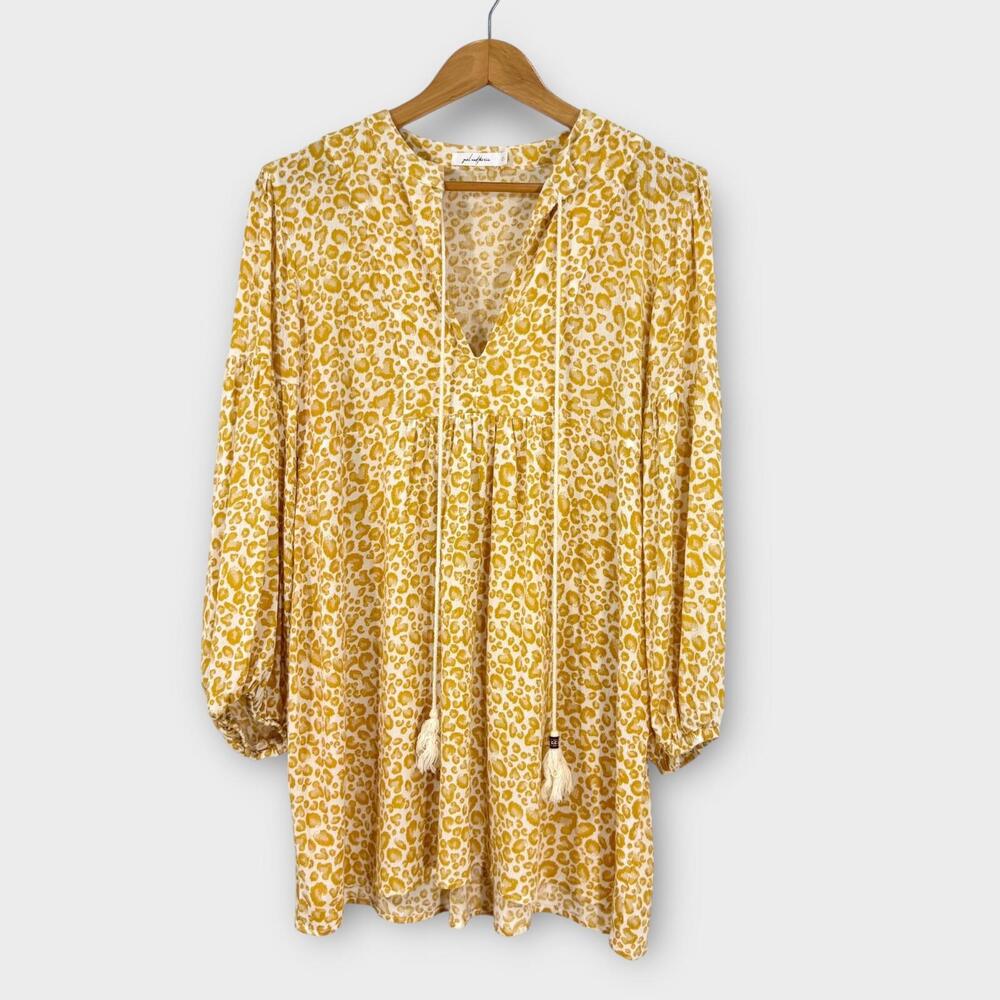 Girl and the Sun Women’s Size XS Yellow Leopard Print Tassel Tunic Mini Dress